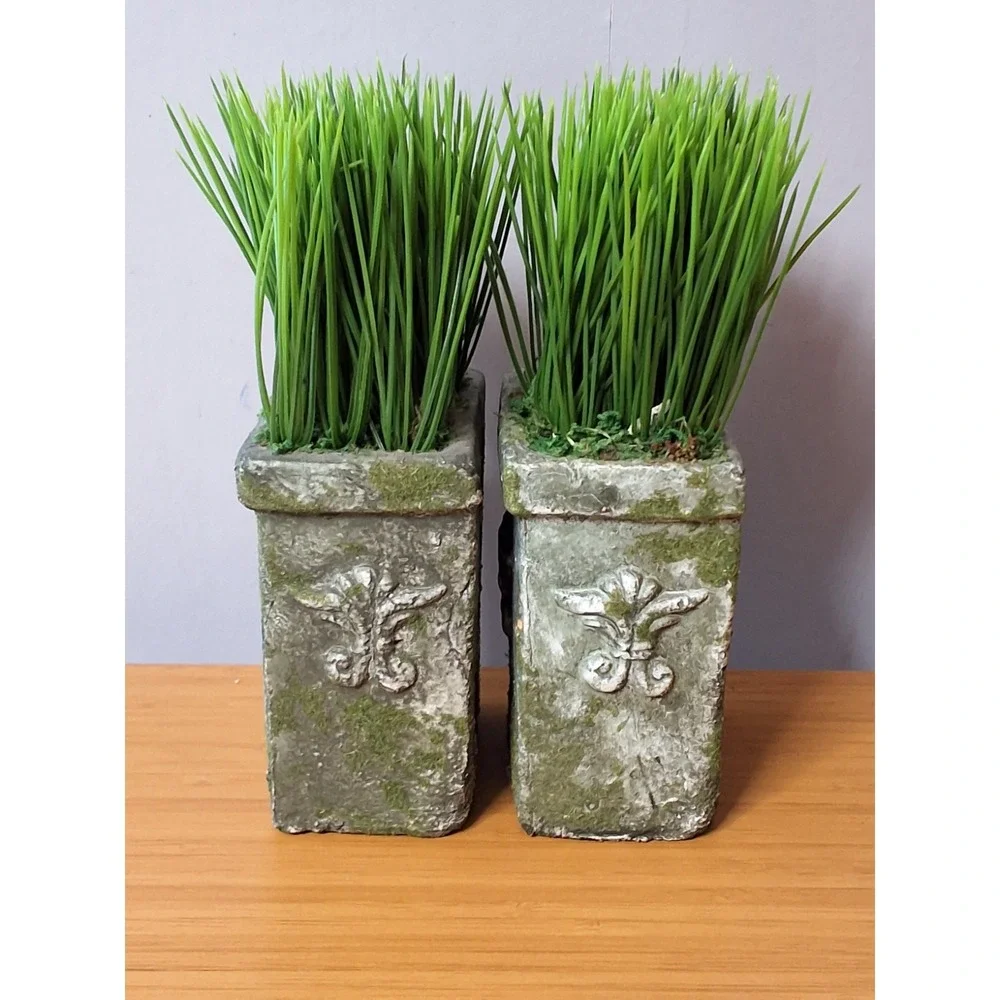 Pair Of Artificial Potted Green Grass Plants In Rustic Concrete Hangable...